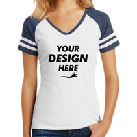 District Women's Game V Neck Tee, White / Heathered True Navy, Front view, Mockup