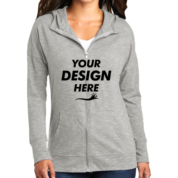District Women's Medal Full Zip Hoodie, Light Grey, Front view, Mockup