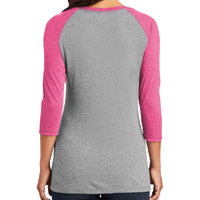 District Women's Perfect Tri ® 3/4 Sleeve Raglan, Fuchsia Frost / Grey Frost, Back view