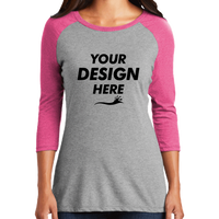 District Women's Perfect Tri ® 3/4 Sleeve Raglan, Fuchsia Frost / Grey Frost, Front view, Mockup