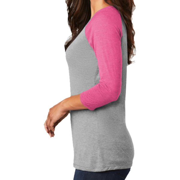 District Women's Perfect Tri ® 3/4 Sleeve Raglan, Fuchsia Frost / Grey Frost, Left Sleeve view