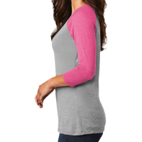 District Women's Perfect Tri ® 3/4 Sleeve Raglan, Fuchsia Frost / Grey Frost, Left Sleeve view