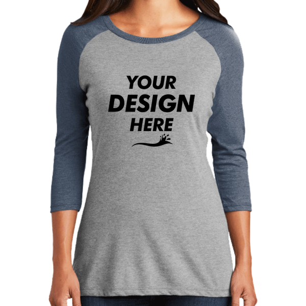 District Women's Perfect Tri ® 3/4 Sleeve Raglan, Navy Frost / Grey Frost, Front view, Mockup