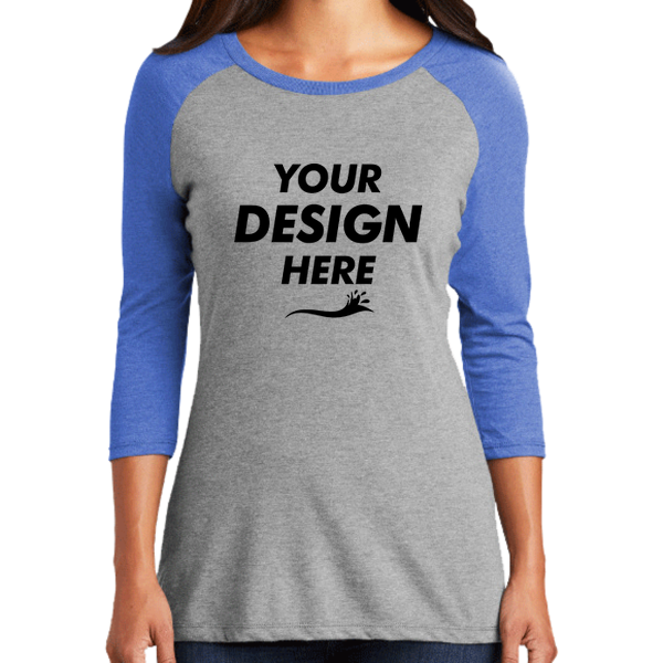 District Women's Perfect Tri ® 3/4 Sleeve Raglan, Royal Frost / Grey Frost, Front view, Mockup
