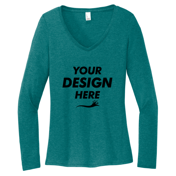 District Women's Perfect Tri ® Long Sleeve V Neck Tee, Heathered Teal, Front view, Mockup