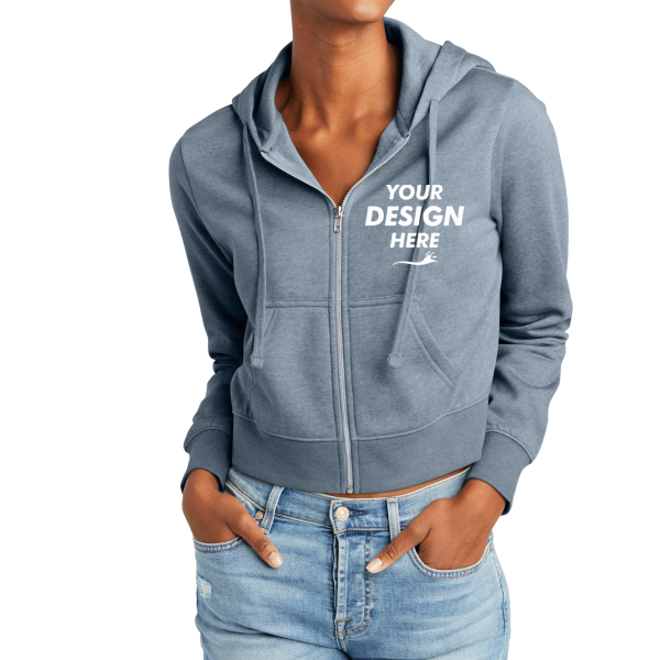 District Women's V.I.T. Fleece Full Zip Hoodie, Flint Blue Heather, Front view, Mockup