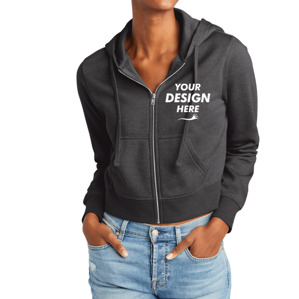 District Women's V.I.T. Fleece Full Zip Hoodie, Heathered Charcoal, Front view, Mockup