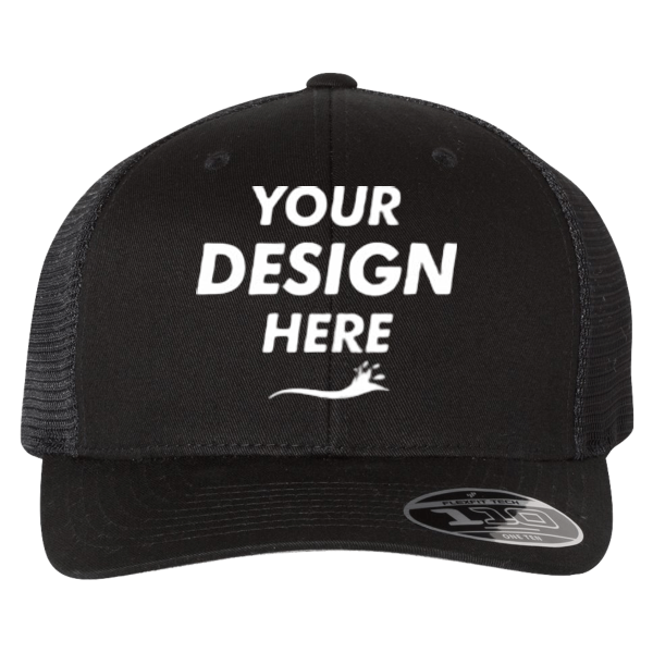 Flexfit by Yupoong 110 Mesh-Back Cap, Black / Black / Black, Front view, Mockup