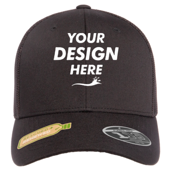 Flexfit by Yupoong 110® Recycled Mesh Cap, Black / Black, Front view, Mockup