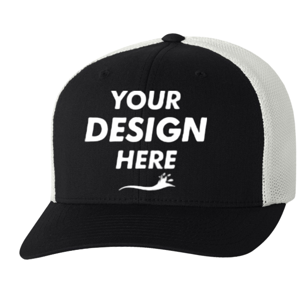Flexfit by Yupoong Trucker Cap, Black / White / White, Front view, Mockup