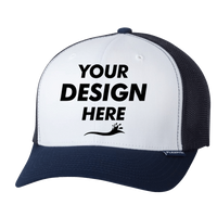 Flexfit by Yupoong Trucker Cap, Navy / White / Navy, Front view, Mockup