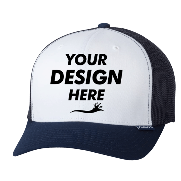 Flexfit by Yupoong Trucker Cap, Navy / White / Navy, Front view, Mockup