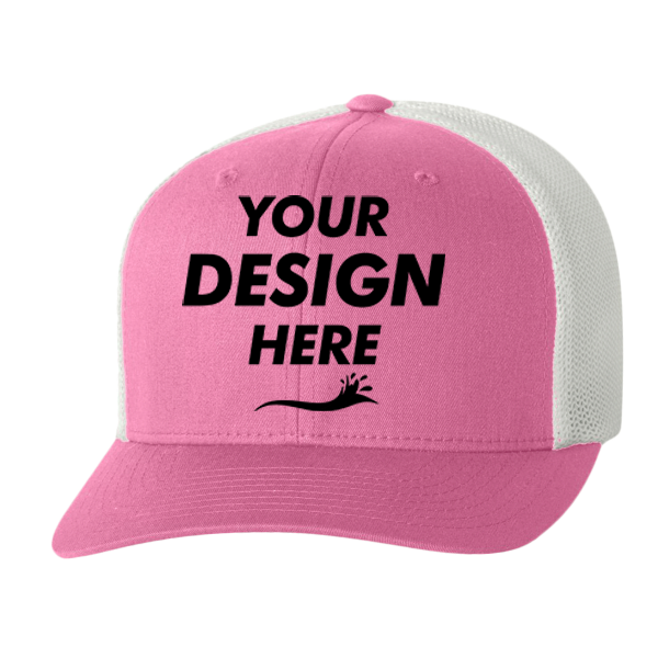 Flexfit by Yupoong Trucker Cap, Pink / White / White, Front view, Mockup