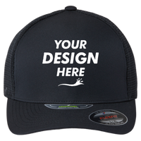Flexfit by Yupoong Unipanel™ Trucker Cap, Black / Black, Front view, Mockup