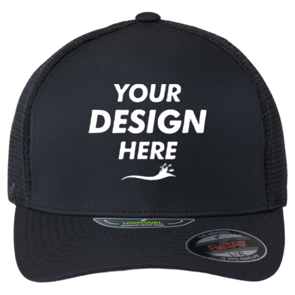 Flexfit by Yupoong Unipanel™ Trucker Cap, Black / Black, Front view, Mockup