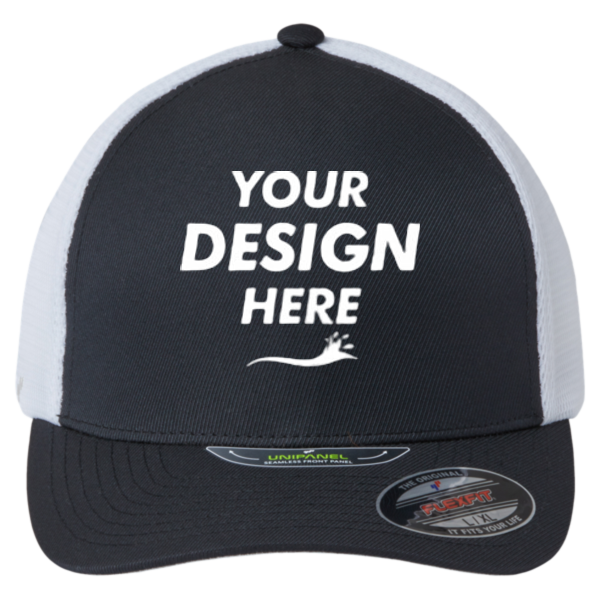 Flexfit by Yupoong Unipanel™ Trucker Cap, Black / White, Front view, Mockup