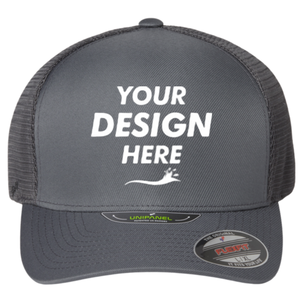 Flexfit by Yupoong Unipanel™ Trucker Cap, Charcoal / Charcoal, Front view, Mockup