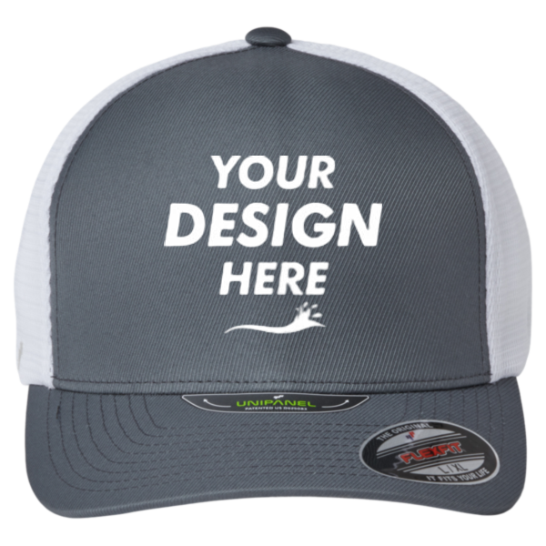 Flexfit by Yupoong Unipanel™ Trucker Cap, Charcoal / White, Front view, Mockup