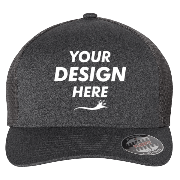 Flexfit by Yupoong Unipanel™ Trucker Cap, Melange Dark Grey / Melange Dark Grey, Front view, Mockup