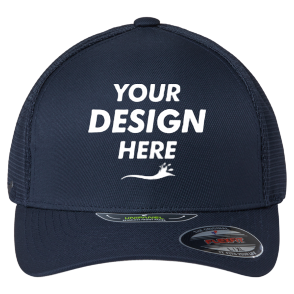 Flexfit by Yupoong Unipanel™ Trucker Cap, True Navy / True Navy, Front view, Mockup