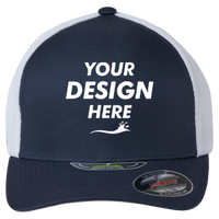 Flexfit by Yupoong Unipanel™ Trucker Cap, True Navy / White, Front view, Mockup