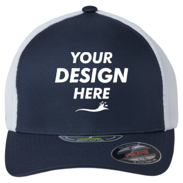 Flexfit by Yupoong Unipanel™ Trucker Cap, True Navy / White, Front view, Mockup