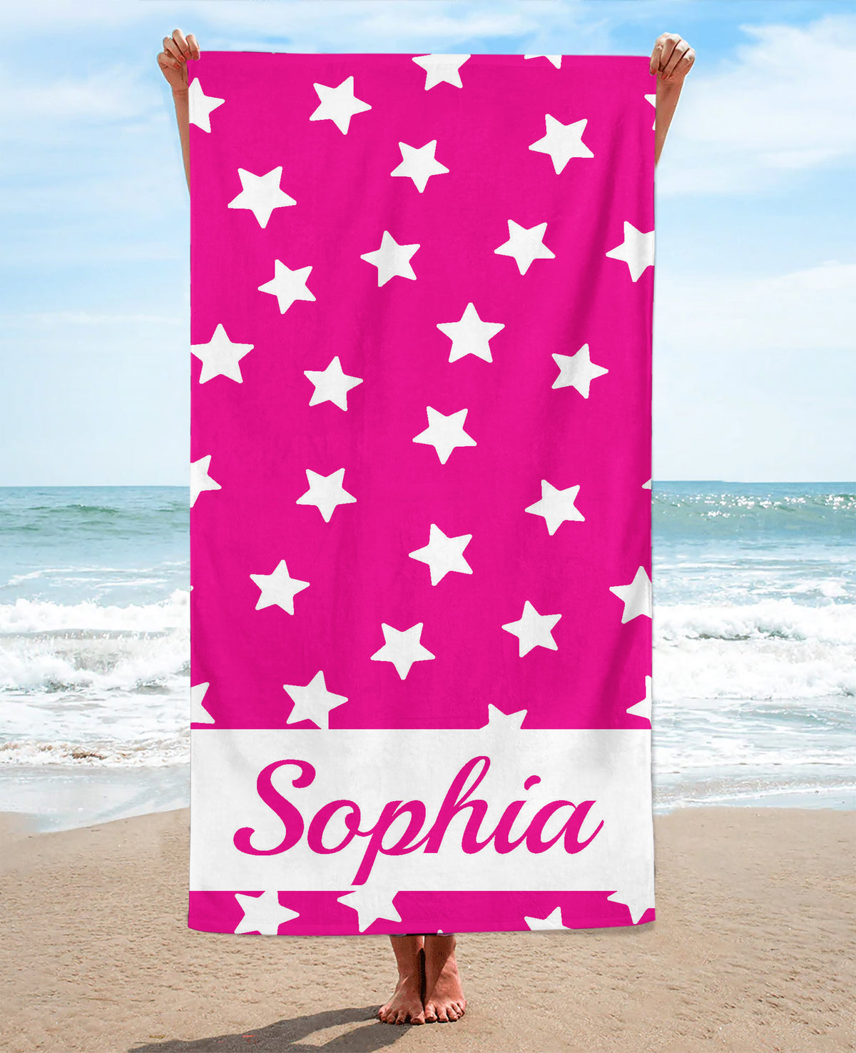 Personalized Star Patterned Beach Towel, Fuschia Standart Beach Towel, Fuschia Premium Beach Towel