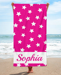 Personalized Star Patterned Beach Towel, Fuschia Standart Beach Towel, Fuschia Premium Beach Towel