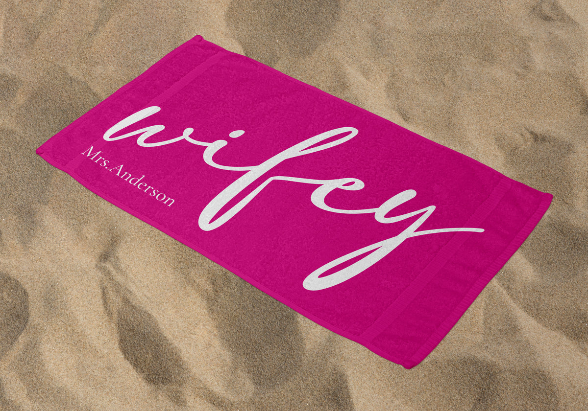 Personalized Wifey Beach Towel, Fuschia Standart Beach Towel, Fuschia Premium Beach Towel