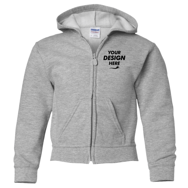 Gildan Heavy Blend™ Youth Full-Zip Hooded Sweatshirt, Sport Grey, Front view, Mockup