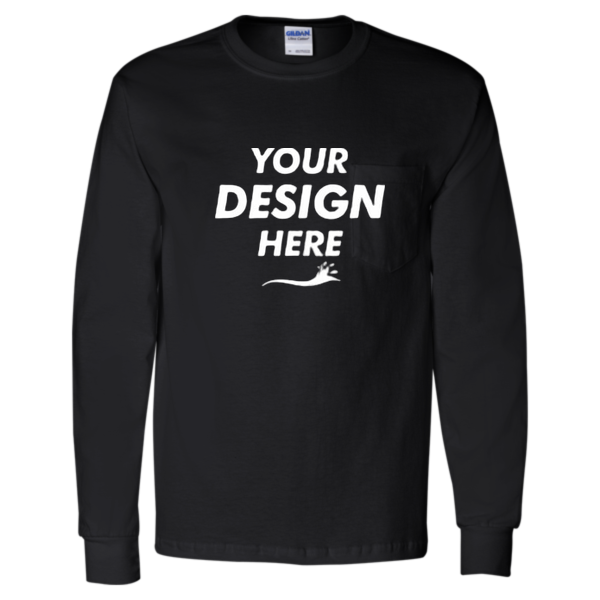 Gildan Unisex Ultra Cotton® Long Sleeve Pocket T-Shirt, Black, Front view, Mockup