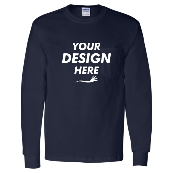 Gildan Unisex Ultra Cotton® Long Sleeve Pocket T-Shirt, Navy, Front view, Mockup