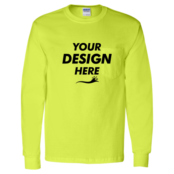 Gildan Unisex Ultra Cotton® Long Sleeve Pocket T-Shirt, Safety Green, Front view, Mockup