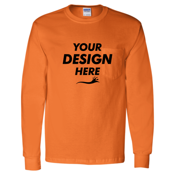 Gildan Unisex Ultra Cotton® Long Sleeve Pocket T-Shirt, Safety Orange, Front view, Mockup