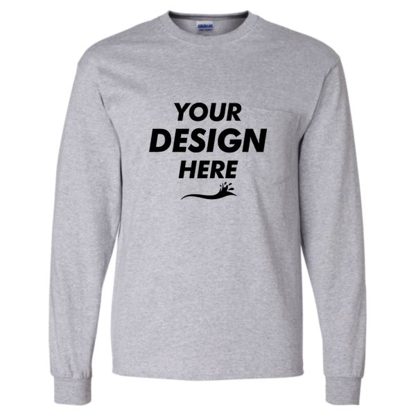 Gildan Unisex Ultra Cotton® Long Sleeve Pocket T-Shirt, Sport Grey, Front view, Mockup