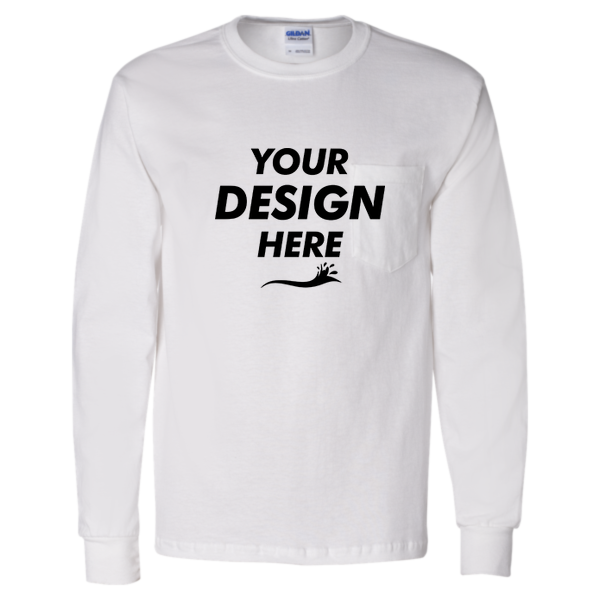 Gildan Unisex Ultra Cotton® Long Sleeve Pocket T-Shirt, White, Front view, Mockup