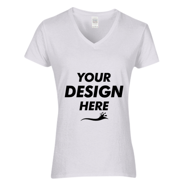 Gildan Women's Heavy Cotton™ V-Neck T-Shirt, White, Front view, Mockup