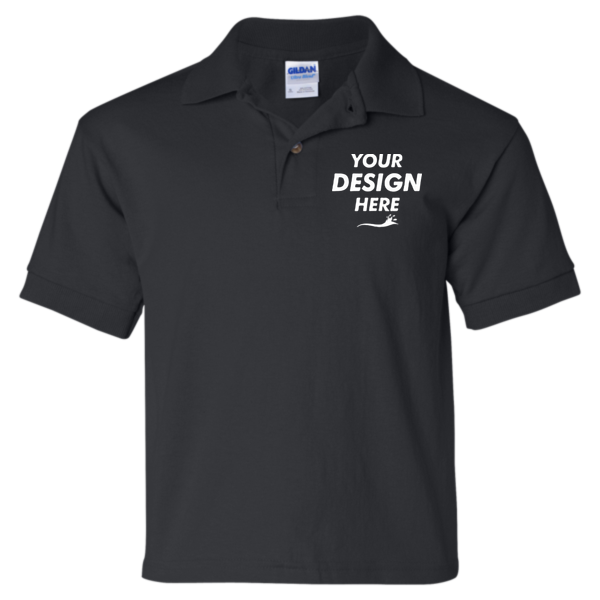 Gildan Youth DryBlend® Jersey Polo, Black, Front view, Mockup