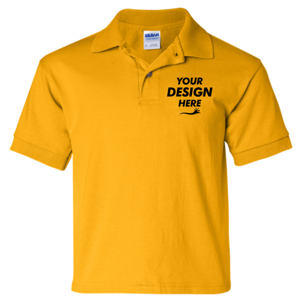 Gildan Youth DryBlend® Jersey Polo, Gold, Front view, Mockup