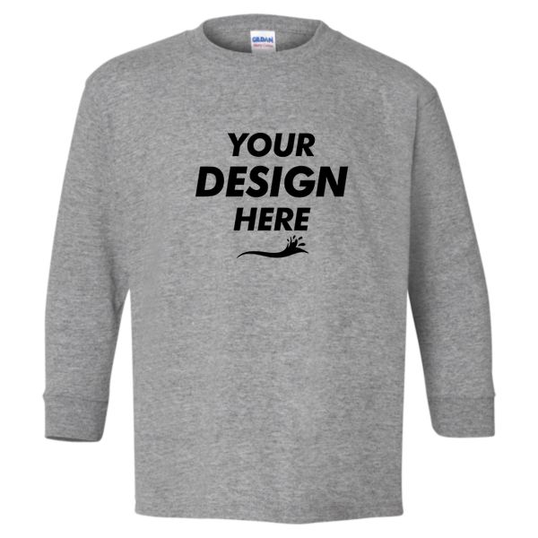 Gildan Youth Heavy Cotton™ Long Sleeve T-Shirt, Sport Grey, Front view, Mockup