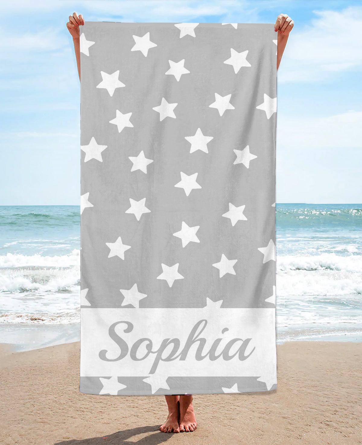 Personalized Star Patterned Beach Towel, Gray Standart Beach Towel, Gray Premium Beach Towel