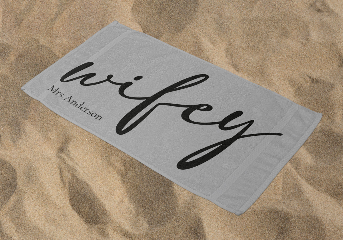 Personalized Wifey Beach Towel, Gray Standart Beach Towel, Gray Premium Beach Towel