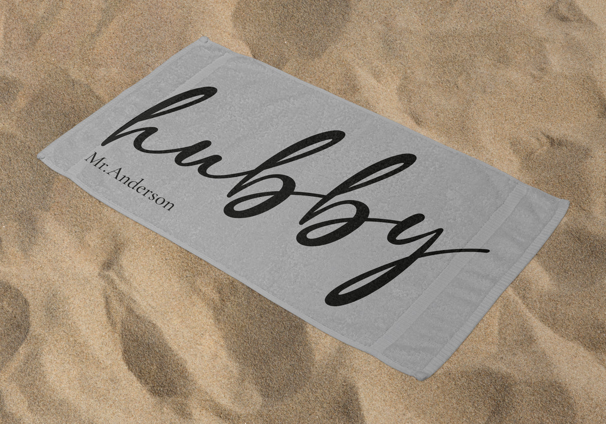 Personalized Hubby Beach Towel, Gray Standart Beach Towel, Gray Premium Beach Towel