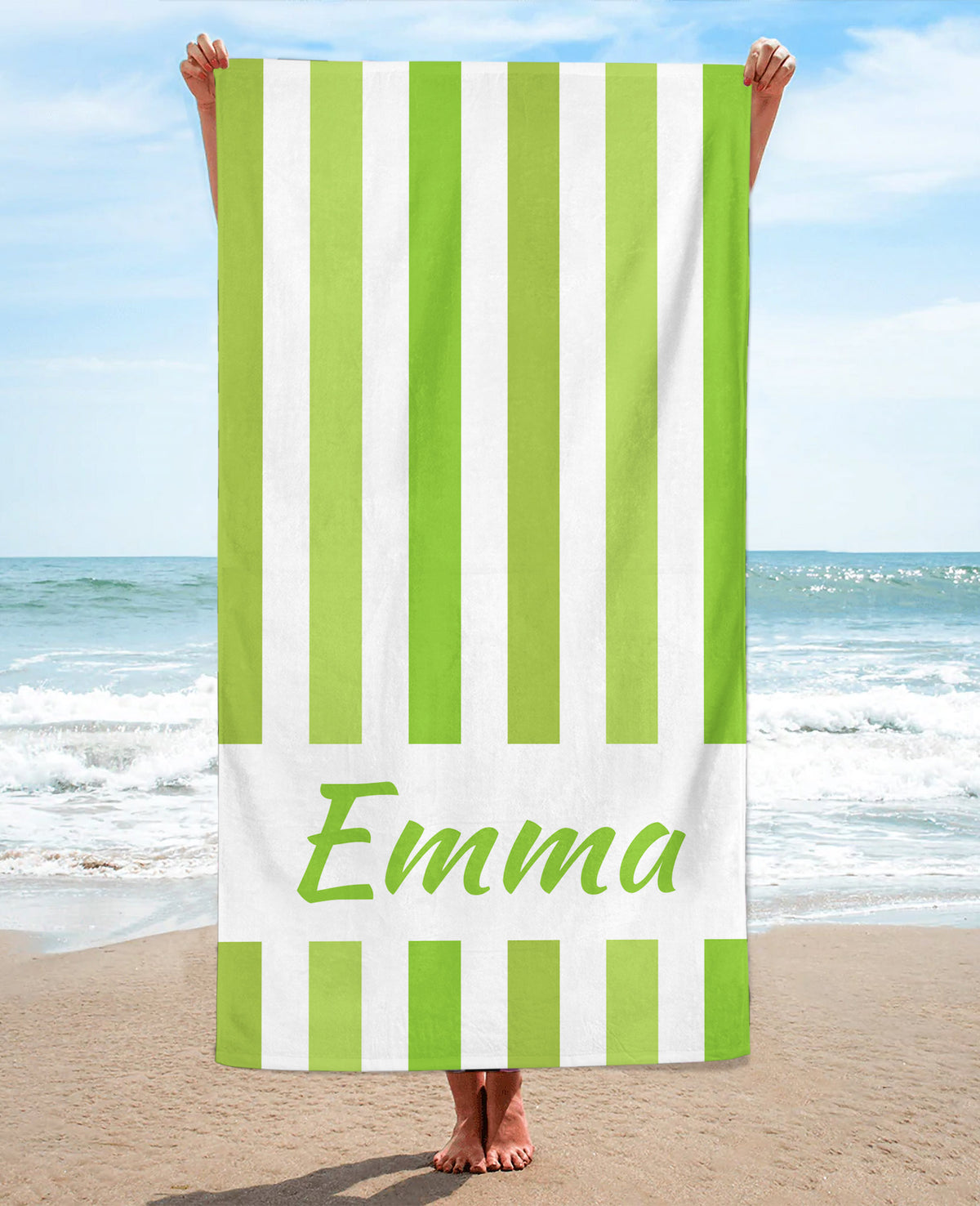 Personalized Vertically Striped Beach Towel, Green Standart Beach Towel, Green Premium Beach Towel