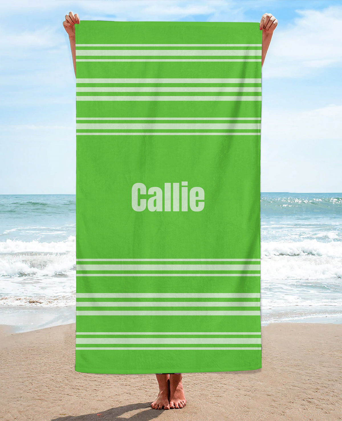 Personalized Horizontally Striped Beach Towel, Green Standart Beach Towel, Green Premium Beach Towel