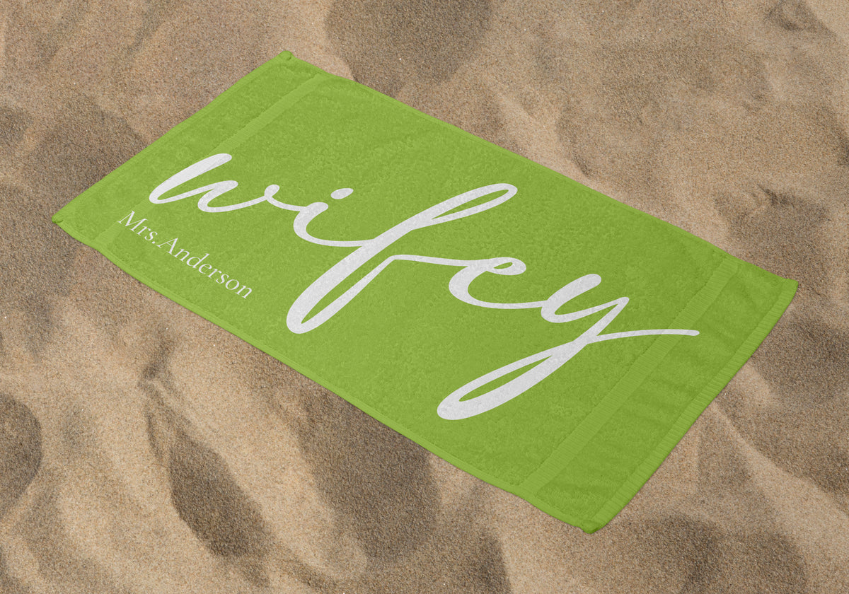 Personalized Wifey Beach Towel, Green Standart Beach Towel, Green Premium Beach Towel