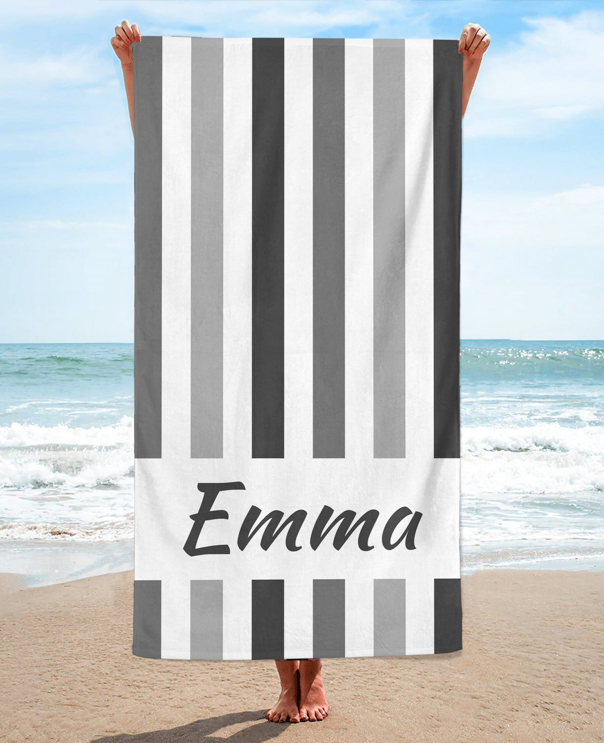 Personalized Vertically Striped Beach Towel, Grey Standart Beach Towel, Grey Premium Beach Towel