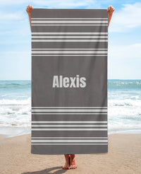 Personalized Horizontally Striped Beach Towel, Grey Standart Beach Towel, Grey Premium Beach Towel
