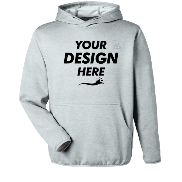 HUK Men's Coldfront+ Performance Hooded Sweatshirt, Harbor Mist Heather, Front view, Mockup
