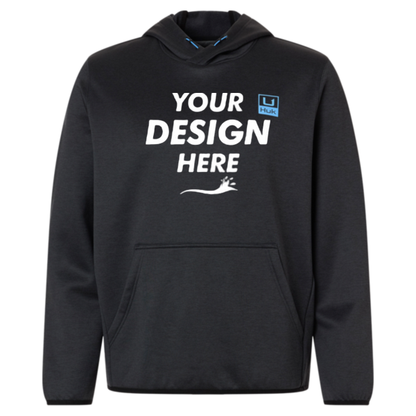 HUK Men's Coldfront+ Performance Hooded Sweatshirt, Heather Black, Front view, Mockup